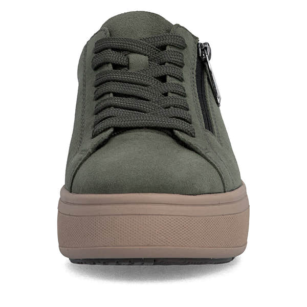 Rieker M7701-55 women's green suede zip & lace trainers, front view.