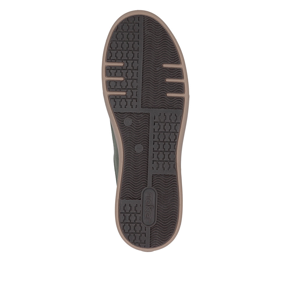 Rieker M7701-55 women's green suede zip & lace trainers, sole and tread view.