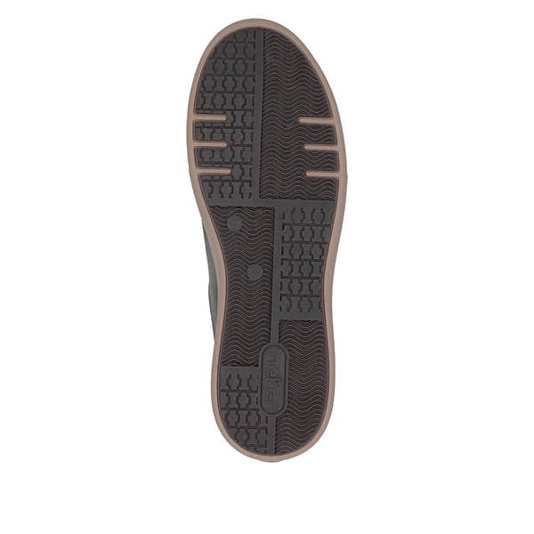 Rieker M7701-55 women's green suede zip & lace trainers, sole and tread view.