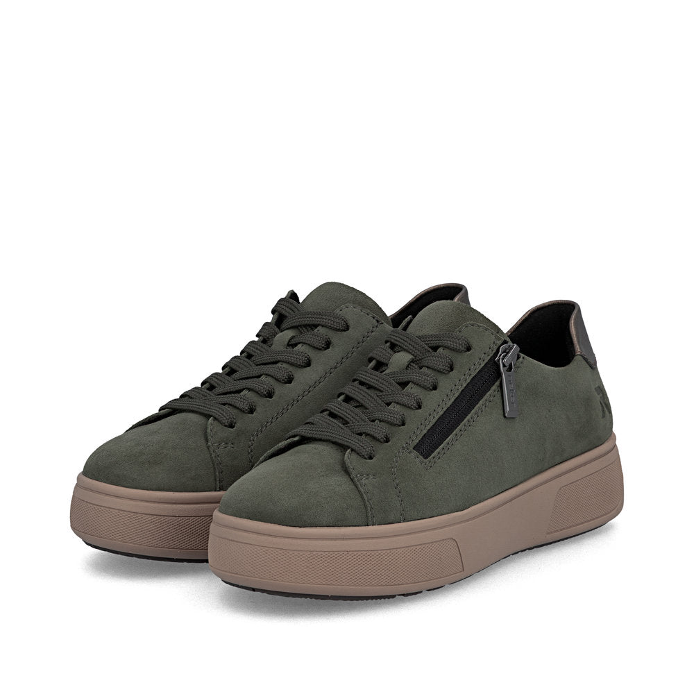 Rieker M7701-55 women's green suede zip & lace trainers, paired three-quarter view.