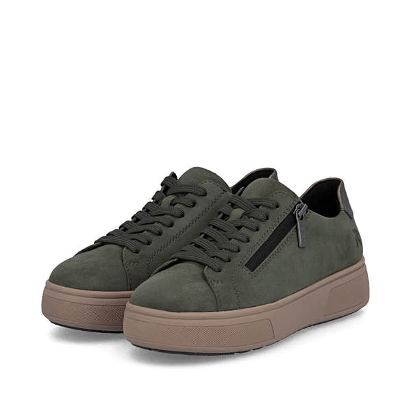 Rieker M7701-55 women's green suede zip & lace trainers, paired three-quarter view.