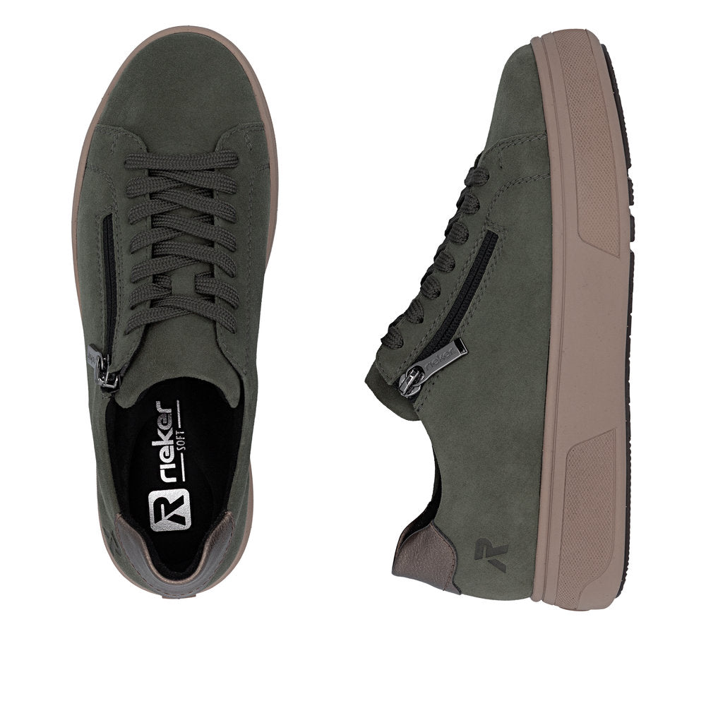 Rieker M7701-55 women's green suede zip & lace trainers, two-angle product view.