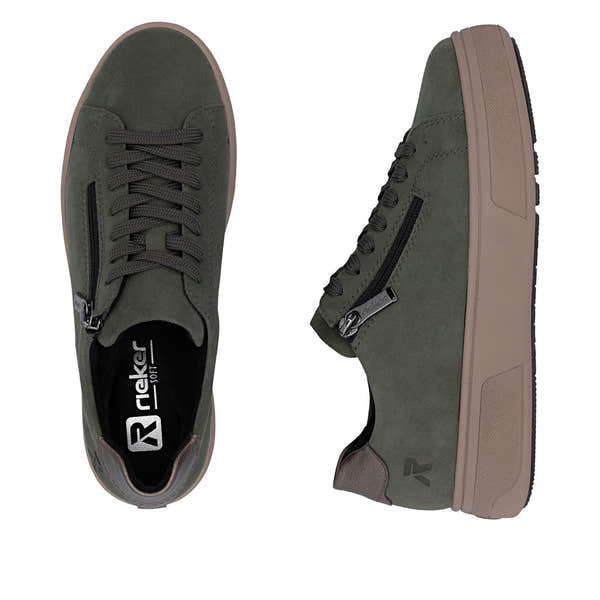 Rieker M7701-55 women's green suede zip & lace trainers, two-angle product view.