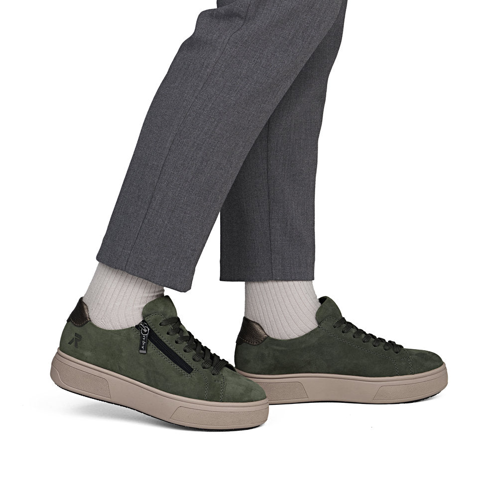 Rieker M7701-55 women's green suede zip & lace trainers, on-foot lifestyle view.