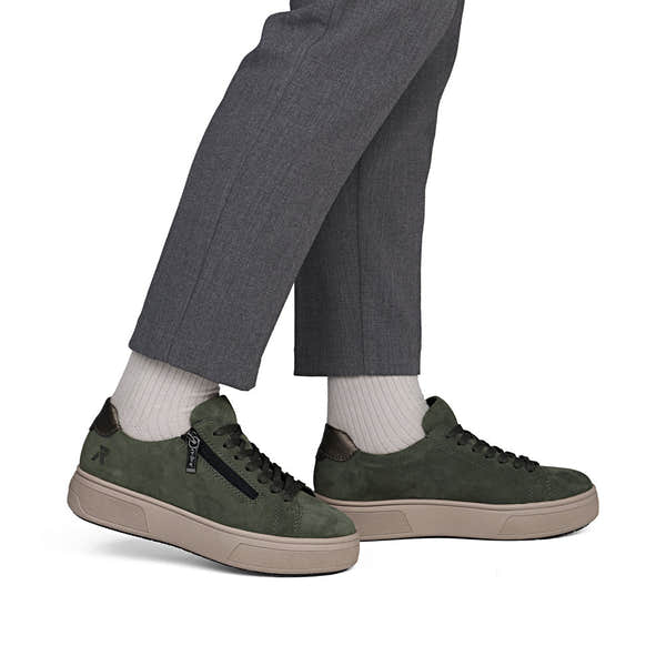 Rieker M7701-55 women's green suede zip & lace trainers, on-foot lifestyle view.