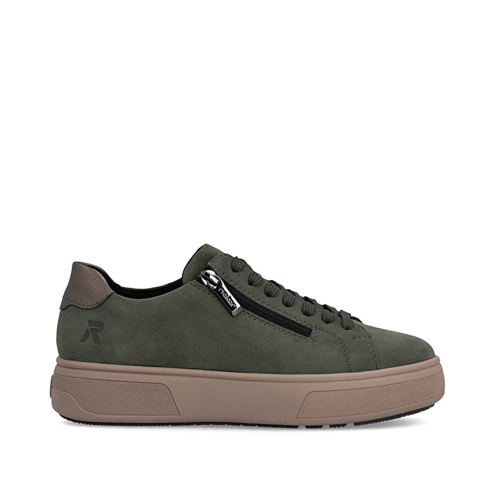 Rieker M7701-55 women's green suede zip & lace trainers, opposite side view.