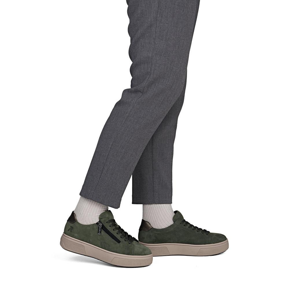 Rieker M7701-55 women's green suede zip & lace trainers, on-foot lifestyle view.