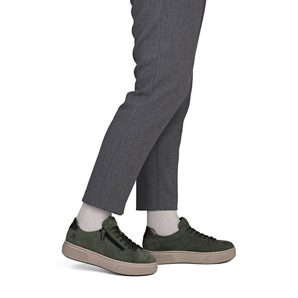 Rieker M7701-55 women's green suede zip & lace trainers, on-foot lifestyle view.