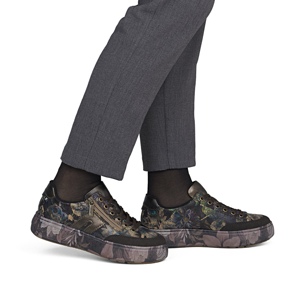 Rieker M7711-26 women's multi zip & lace trainers, on-foot lifestyle view.