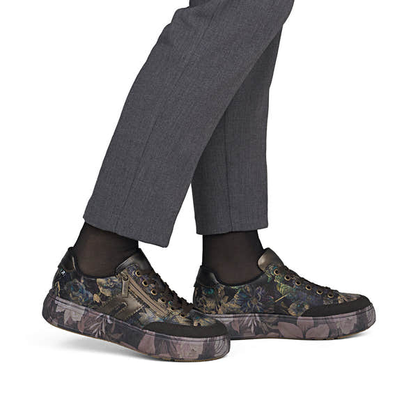 Rieker M7711-26 women's multi zip & lace trainers, on-foot lifestyle view.
