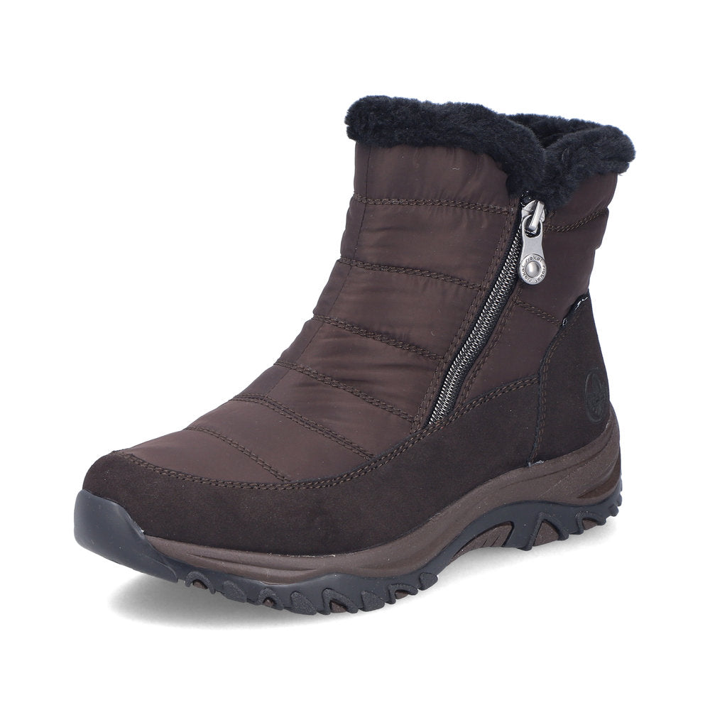 Rieker M9670-25 women's wide brown textile water resistant side zip ankle boots, front three-quarter view.