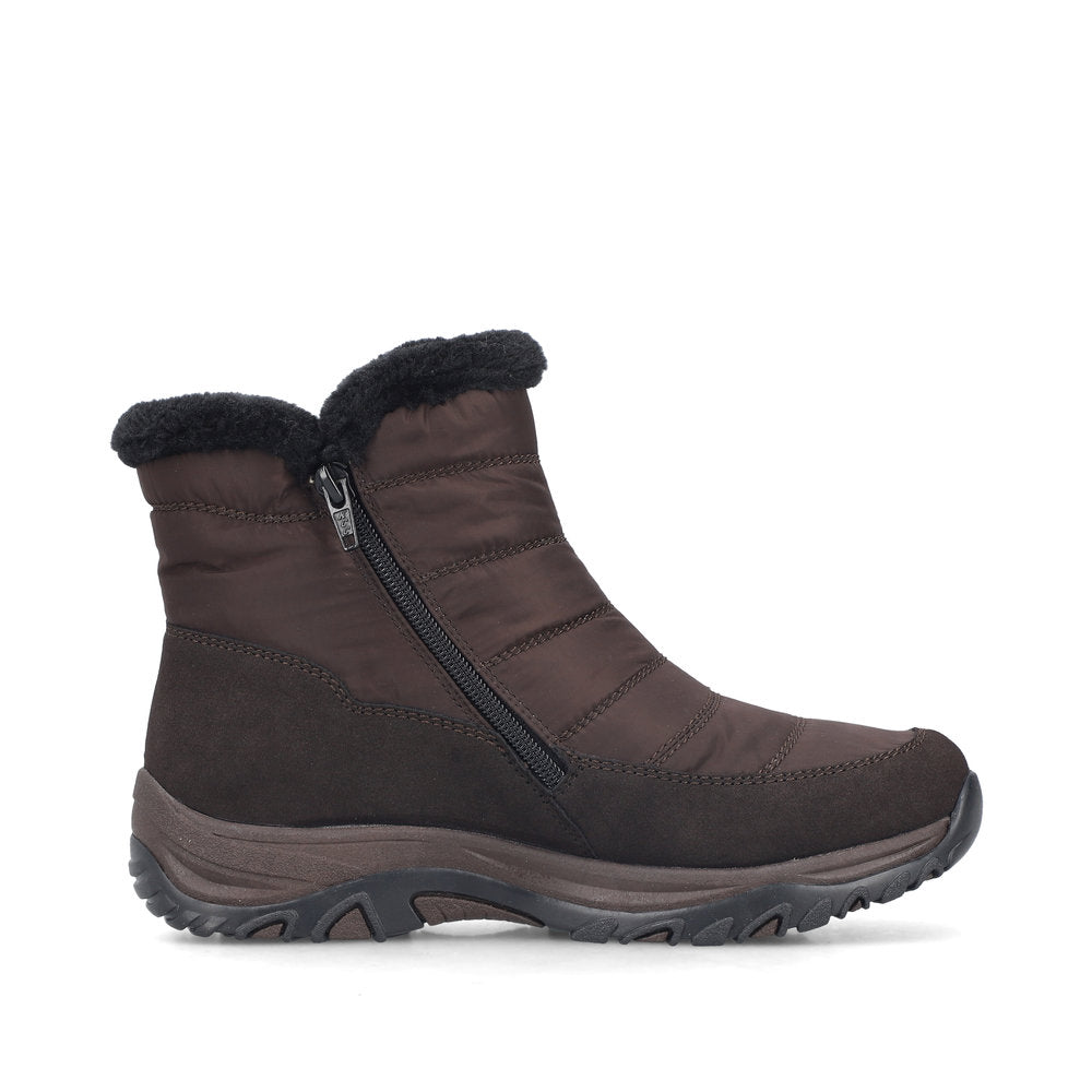 Rieker M9670-25 women's wide brown textile water resistant side zip ankle boots, outer side view.