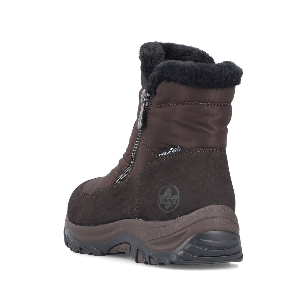 Rieker M9670-25 women's wide brown textile water resistant side zip ankle boots, rear three-quarter view.