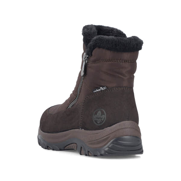 Rieker M9670-25 women's wide brown textile water resistant side zip ankle boots, rear three-quarter view.