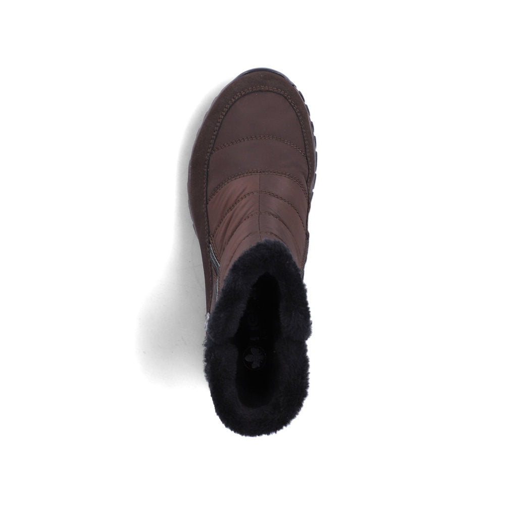 Rieker M9670-25 women's wide brown textile water resistant side zip ankle boots, top view.