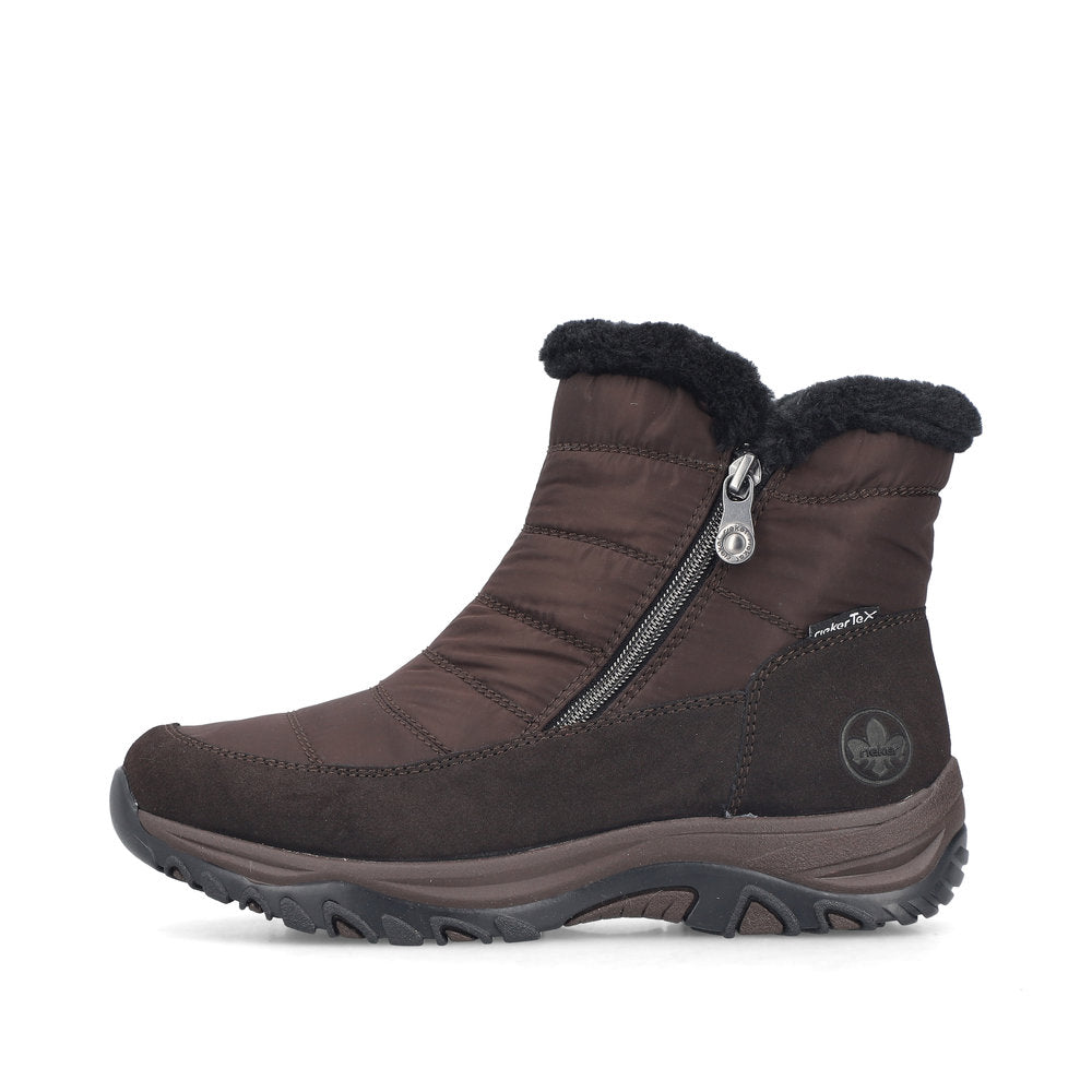 Rieker M9670-25 women's wide brown textile water resistant side zip ankle boots, inner side view.