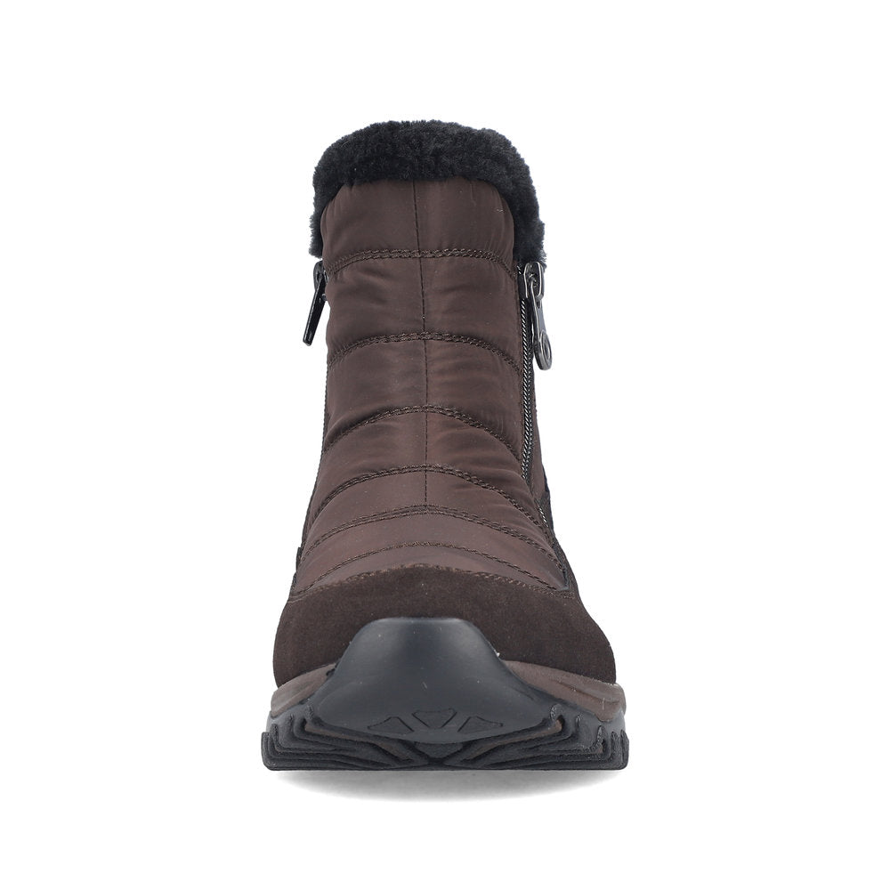 Rieker M9670-25 women's wide brown textile water resistant side zip ankle boots, front view.