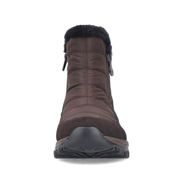 Rieker M9670-25 women's wide brown textile water resistant side zip ankle boots, front view.