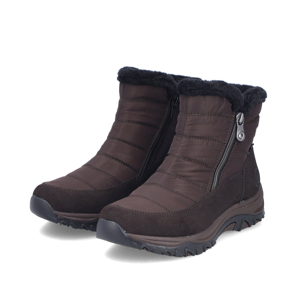 Rieker M9670-25 women's wide brown textile water resistant side zip ankle boots, paired three-quarter view.