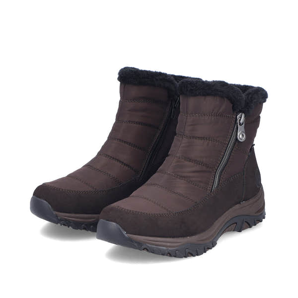 Rieker M9670-25 women's wide brown textile water resistant side zip ankle boots, paired three-quarter view.