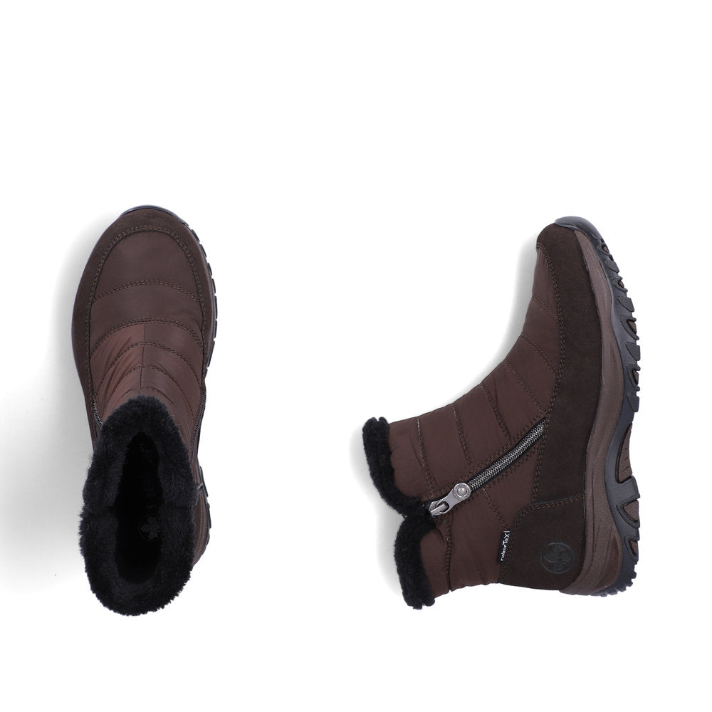 Rieker M9670-25 women's wide brown textile water resistant side zip ankle boots, two-angle product view.