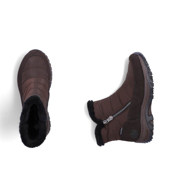 Rieker M9670-25 women's wide brown textile water resistant side zip ankle boots, two-angle product view.