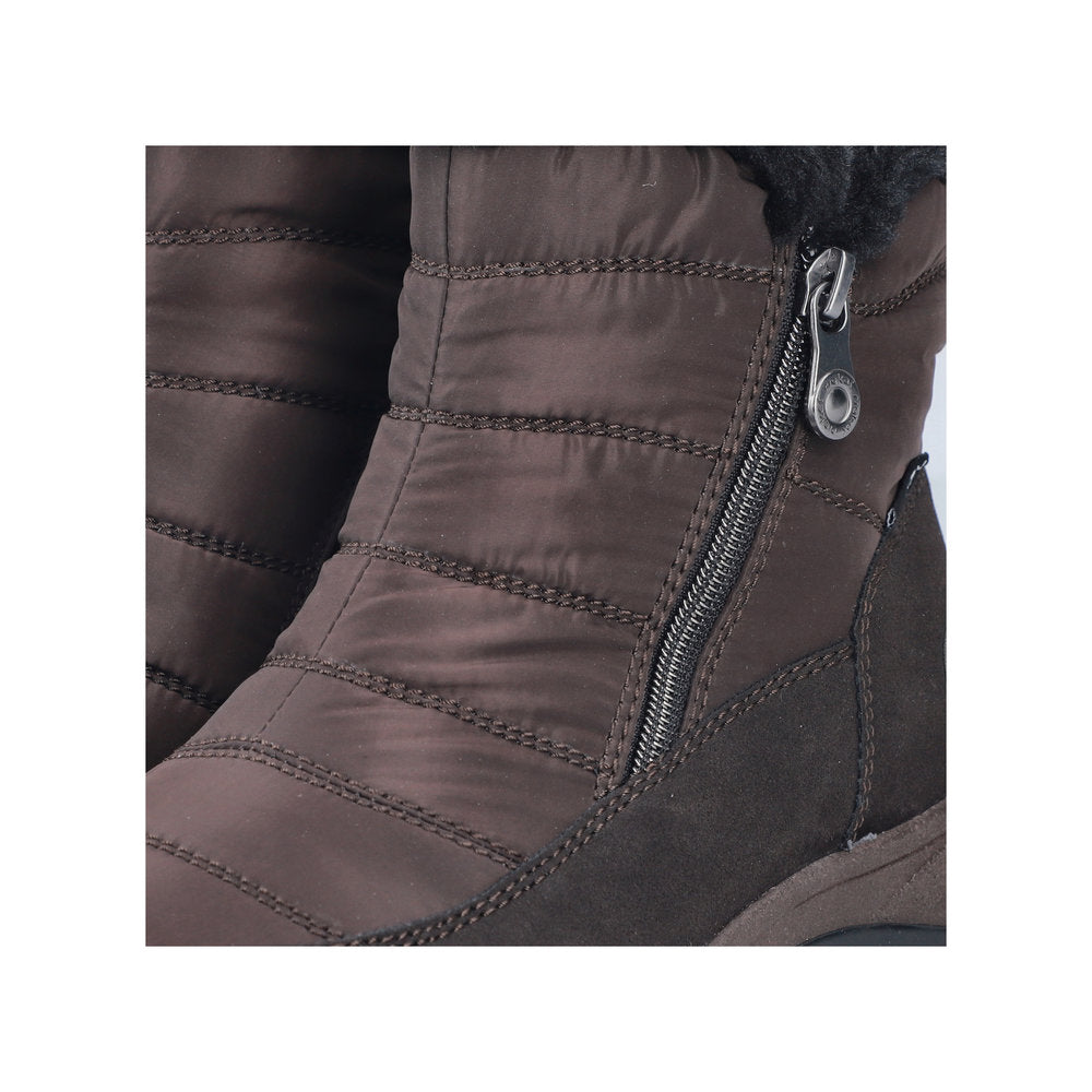 Rieker M9670-25 women's wide brown textile water resistant side zip ankle boots, lifestyle view.