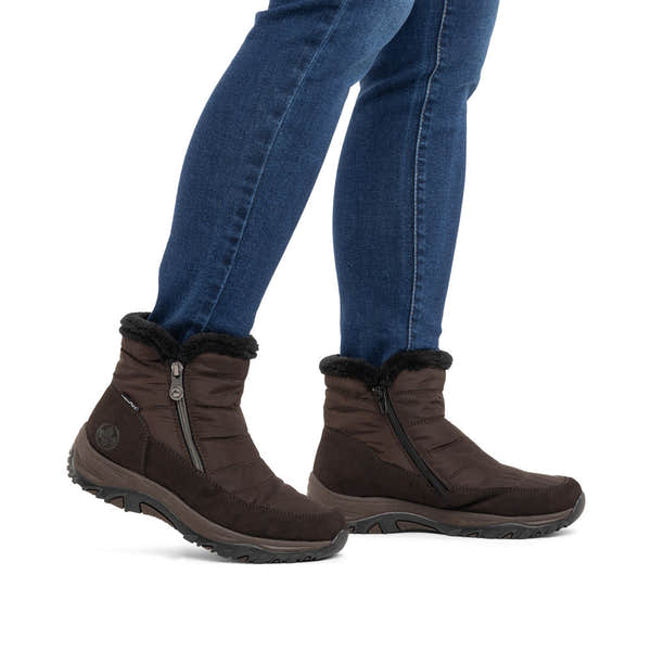 Rieker M9670-25 women's wide brown textile water resistant side zip ankle boots, lifestyle view 1 of 12.