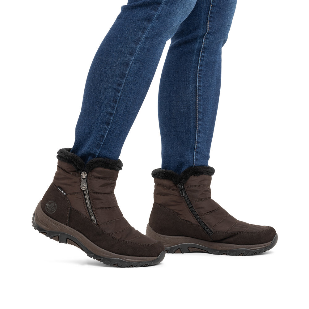 Rieker M9670-25 women's wide brown textile water resistant side zip ankle boots, lifestyle view 2 of 12.