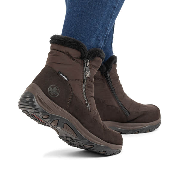 Rieker M9670-25 women's wide brown textile water resistant side zip ankle boots, lifestyle view 4 of 12.