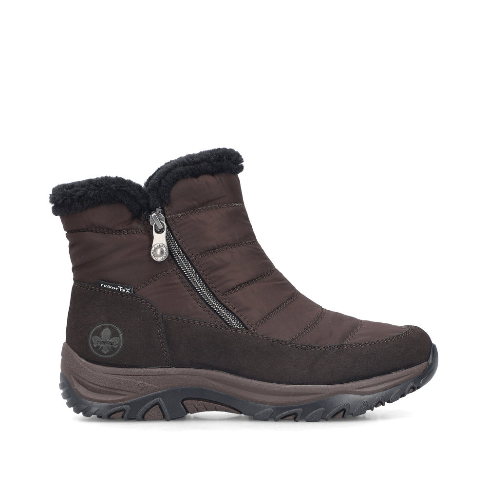 Rieker M9670-25 women's wide brown textile water resistant side zip ankle boots, opposite side view.