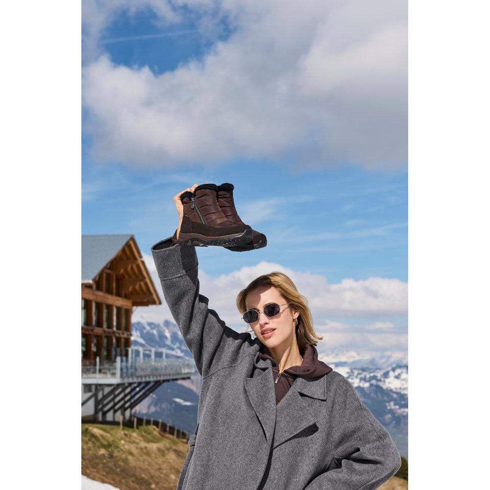 Rieker M9670-25 women's wide brown textile water resistant side zip ankle boots, lifestyle view 7 of 12.
