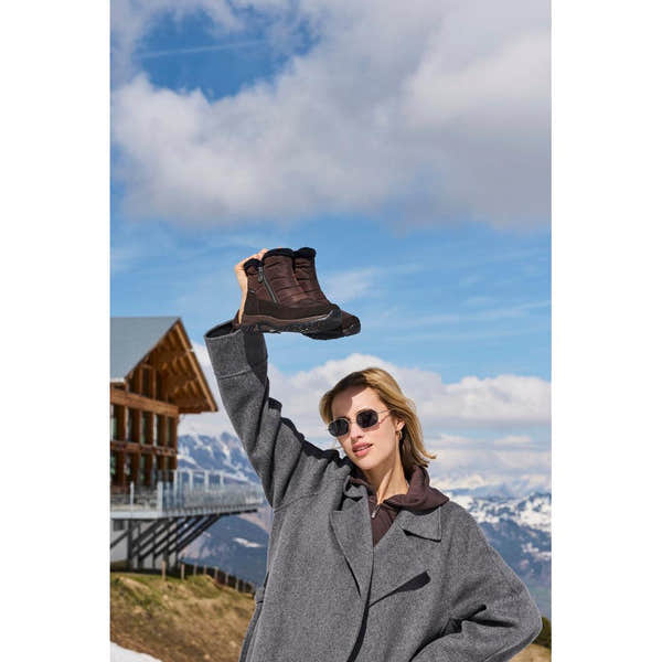 Rieker M9670-25 women's wide brown textile water resistant side zip ankle boots, lifestyle view 7 of 12.
