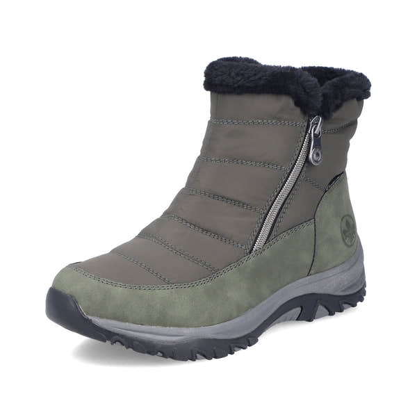 Rieker M9670-54 women's wide brown textile water resistant side zip ankle boots, front three-quarter view.