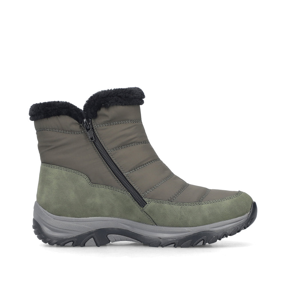 Rieker M9670-54 women's wide brown textile water resistant side zip ankle boots, outer side view.