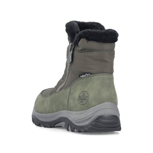 Rieker M9670-54 women's wide brown textile water resistant side zip ankle boots, rear three-quarter view.