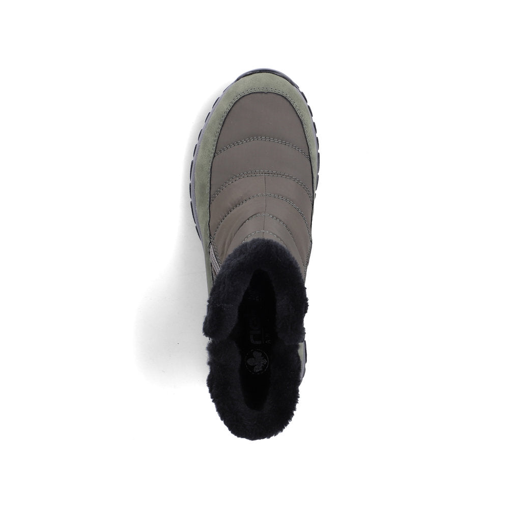 Rieker M9670-54 women's wide brown textile water resistant side zip ankle boots, top view.