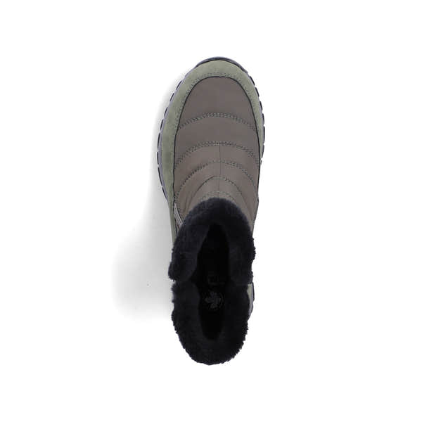 Rieker M9670-54 women's wide brown textile water resistant side zip ankle boots, top view.