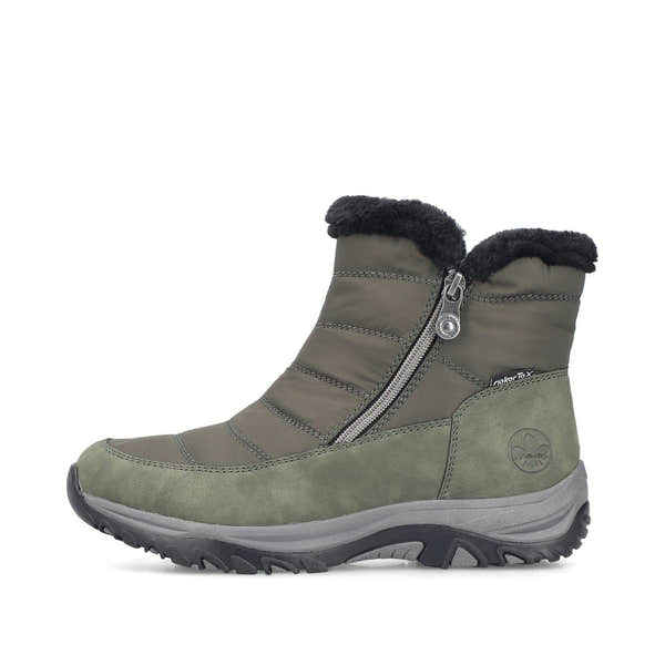 Rieker M9670-54 women's wide brown textile water resistant side zip ankle boots, inner side view.