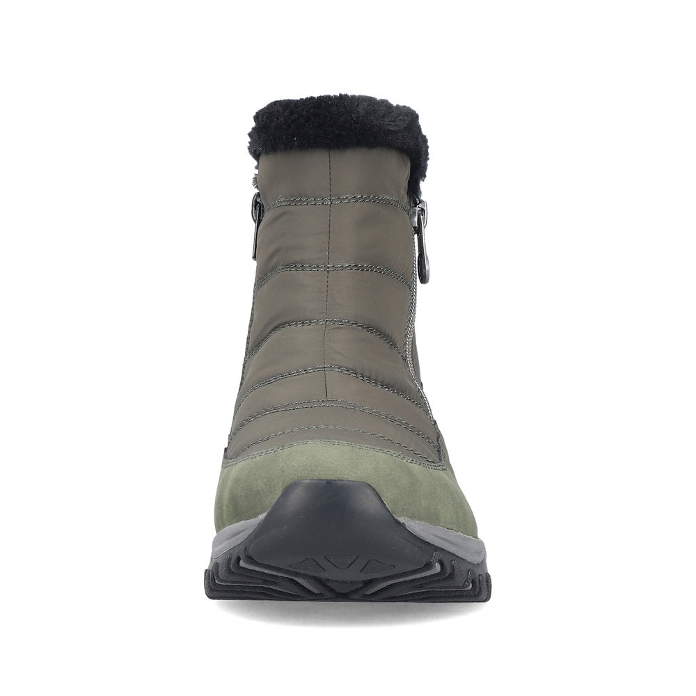 Rieker M9670-54 women's wide brown textile water resistant side zip ankle boots, front view.
