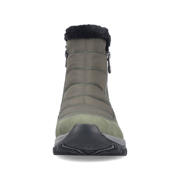 Rieker M9670-54 women's wide brown textile water resistant side zip ankle boots, front view.