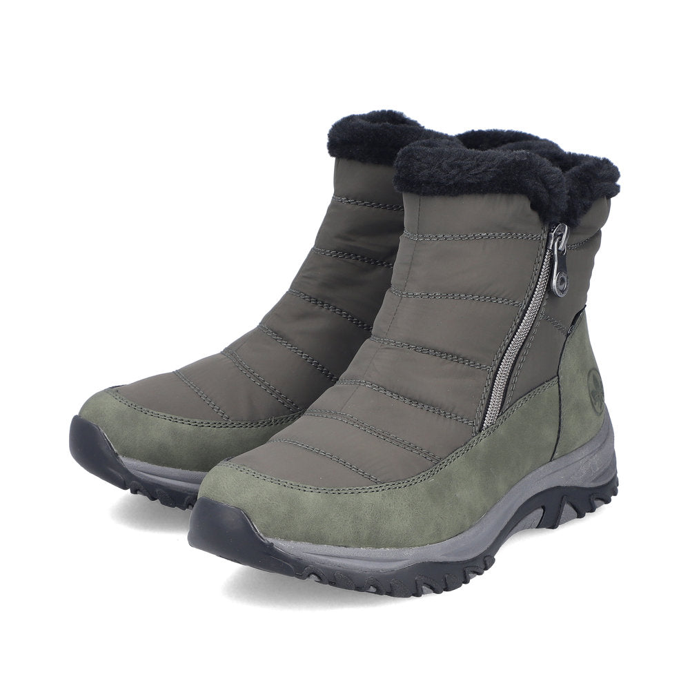 Rieker M9670-54 women's wide brown textile water resistant side zip ankle boots, paired three-quarter view.
