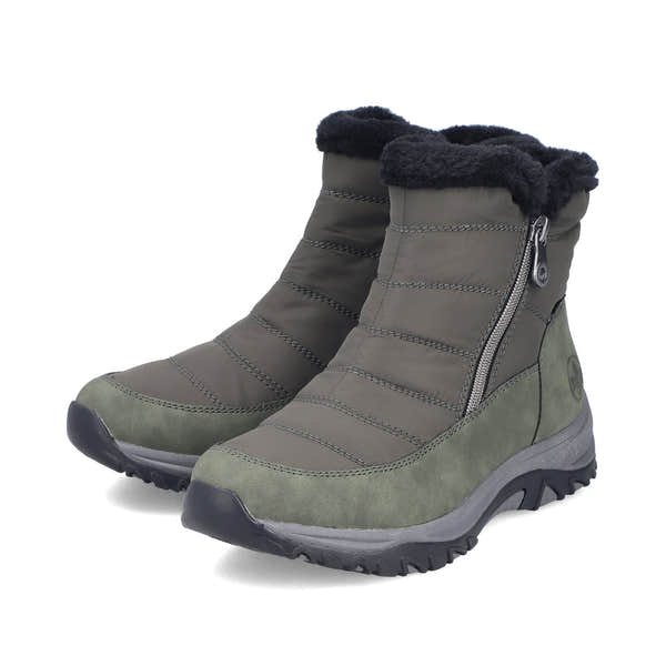 Rieker M9670-54 women's wide brown textile water resistant side zip ankle boots, paired three-quarter view.