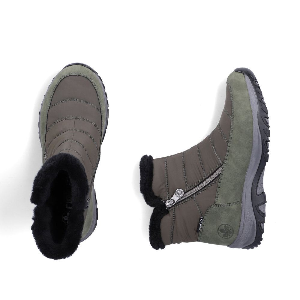 Rieker M9670-54 women's wide brown textile water resistant side zip ankle boots, two-angle product view.