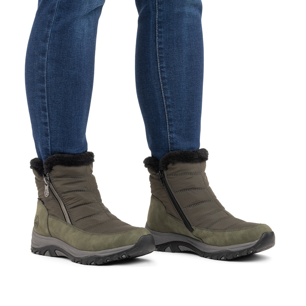 Rieker M9670-54 women's wide brown textile water resistant side zip ankle boots, on-foot lifestyle view.