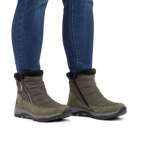 Rieker M9670-54 women's wide brown textile water resistant side zip ankle boots, on-foot lifestyle view.