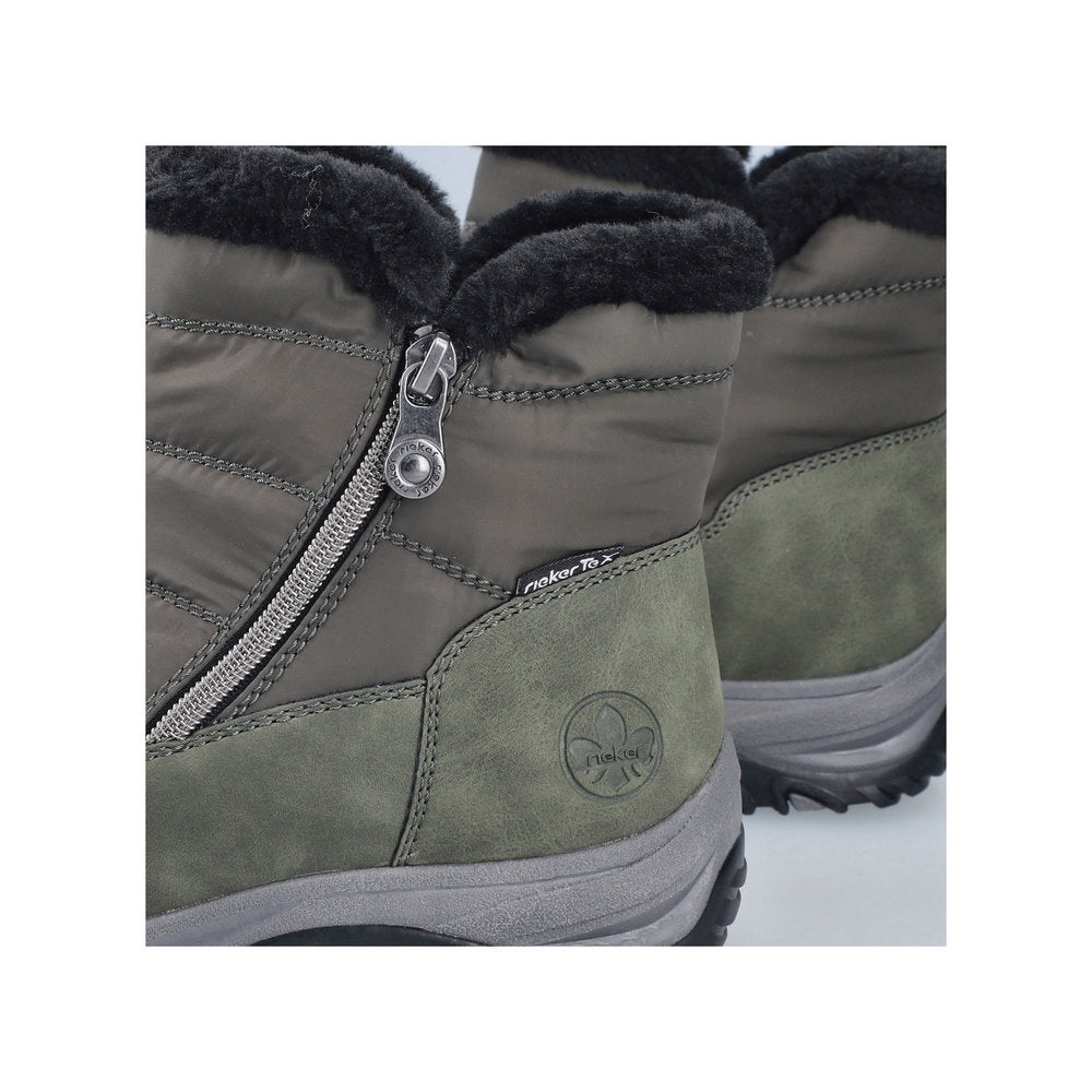 Rieker M9670-54 women's wide brown textile water resistant side zip ankle boots, lifestyle view.
