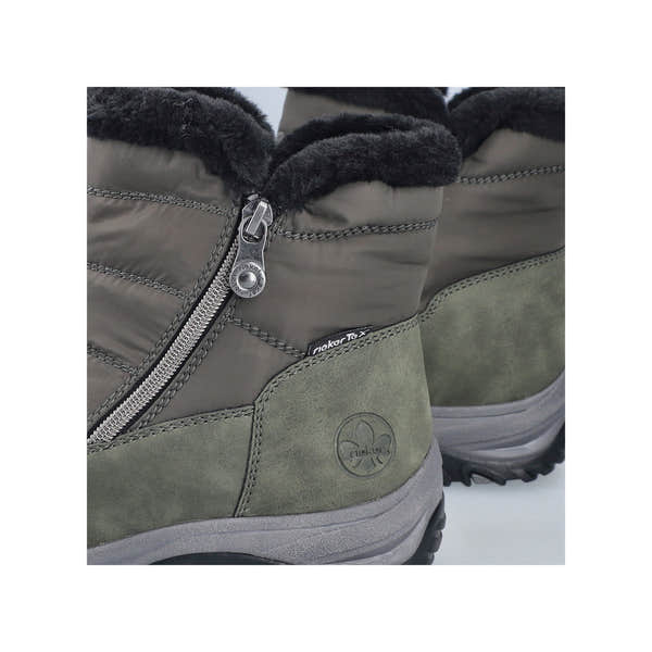 Rieker M9670-54 women's wide brown textile water resistant side zip ankle boots, lifestyle view.