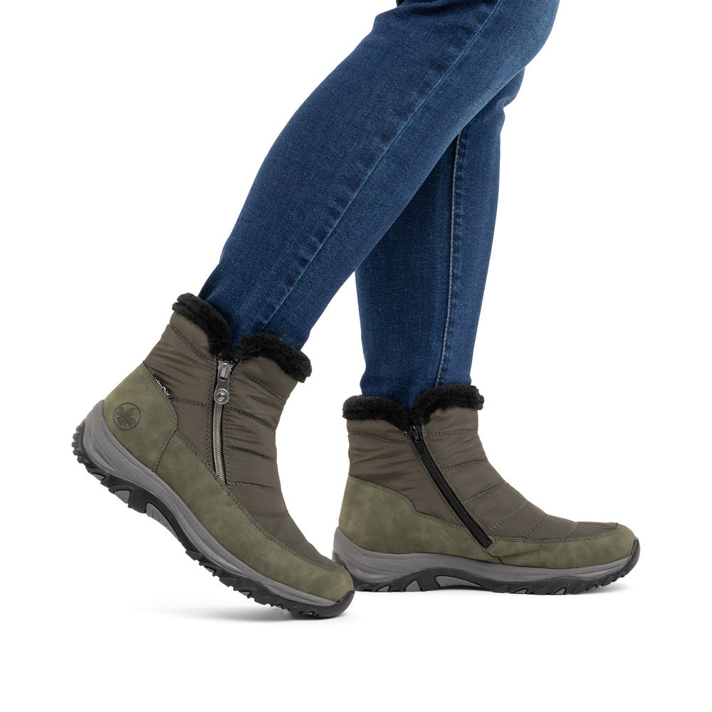 Rieker M9670-54 women's wide brown textile water resistant side zip ankle boots, lifestyle view 2 of 9.
