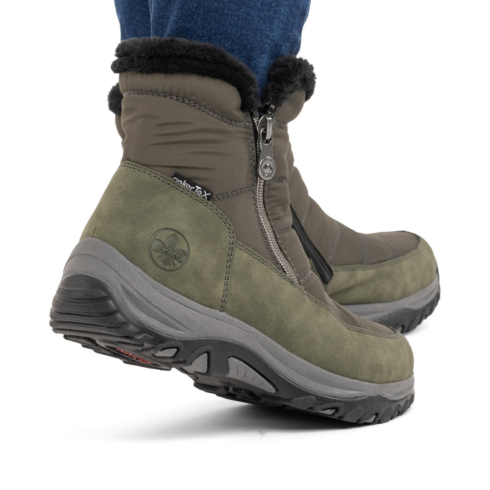 Rieker M9670-54 women's wide brown textile water resistant side zip ankle boots, lifestyle view 3 of 9.